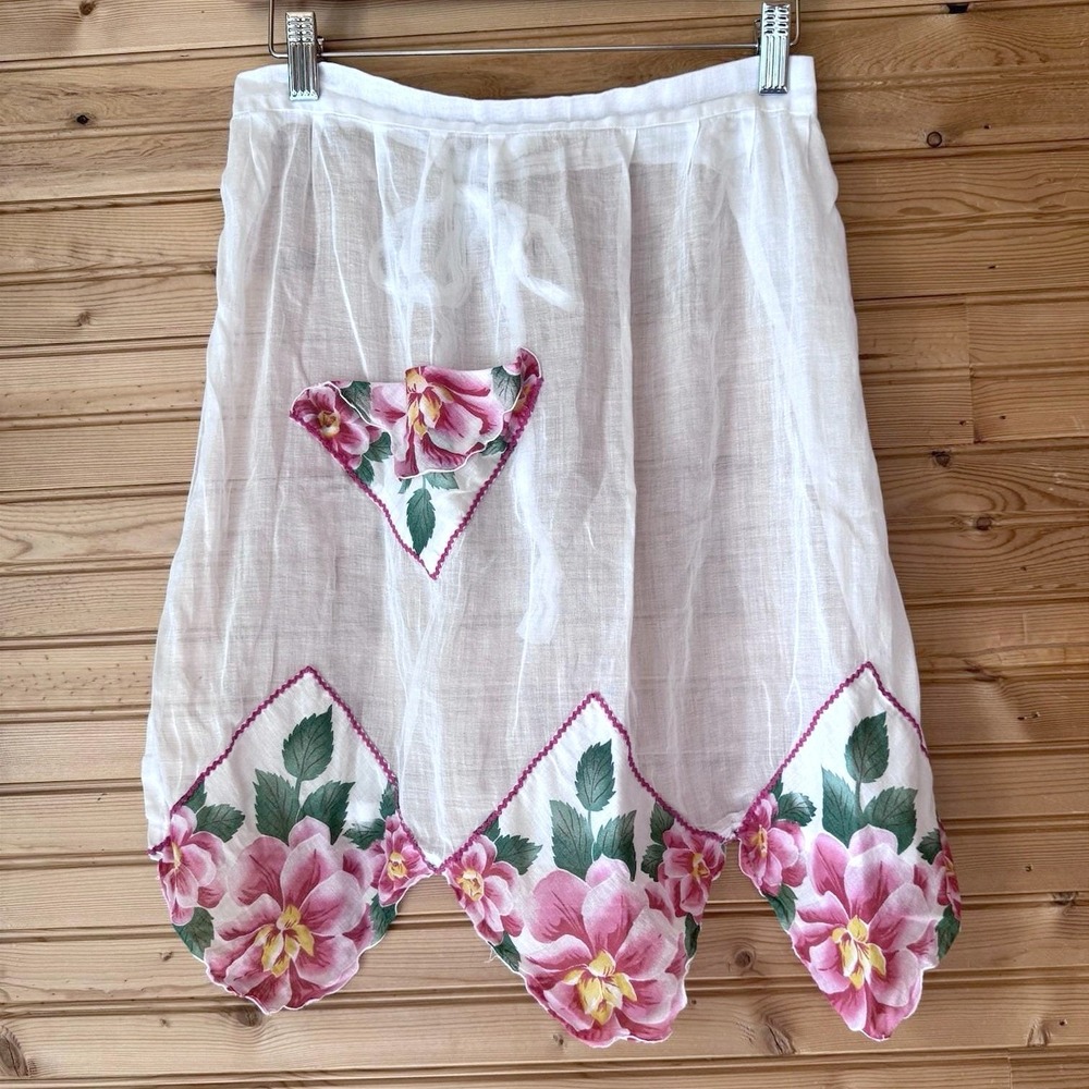 VTG 50s Handmade Apron (Half) Hostess Handkerchief Hem Sheer White Flowers Pink